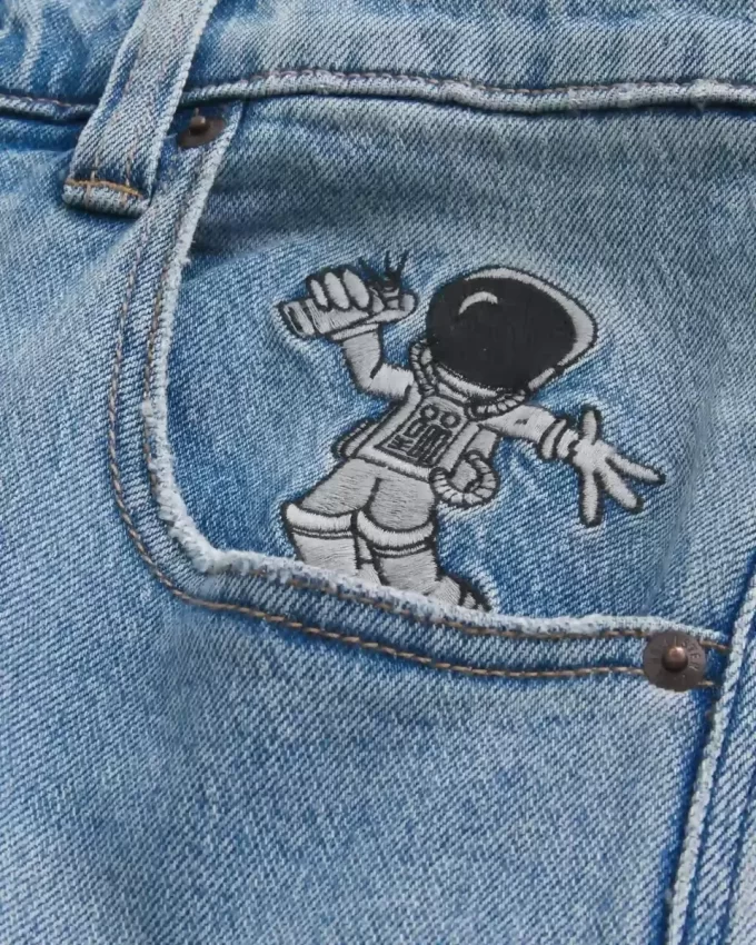 Açık Yıkama Astronot Grafikli Süper Bol Pantolon