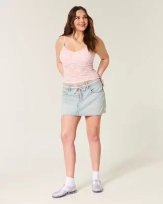 Açık Yıkama Bağcıklı Kot Mini Etek