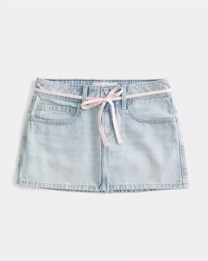 Açık Yıkama Bağcıklı Kot Mini Etek