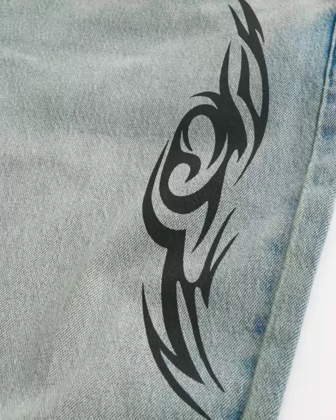 Açık Yıkama Grafik Bol Paça Kot Pantolon