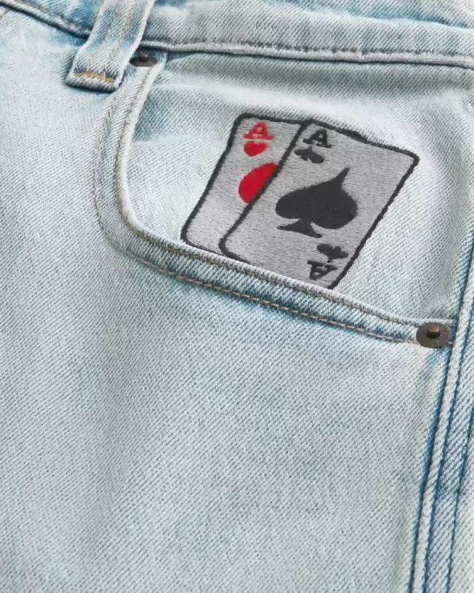 Açık Yıkama Oyun Kartı Grafik Patenci Bol Pantolon