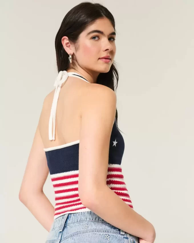Amerikan Bayrağı Desenli Tığ İşi Askılı Üst