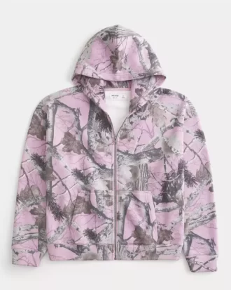 Boxy Camo Fermuarlı Kapüşonlu Üst