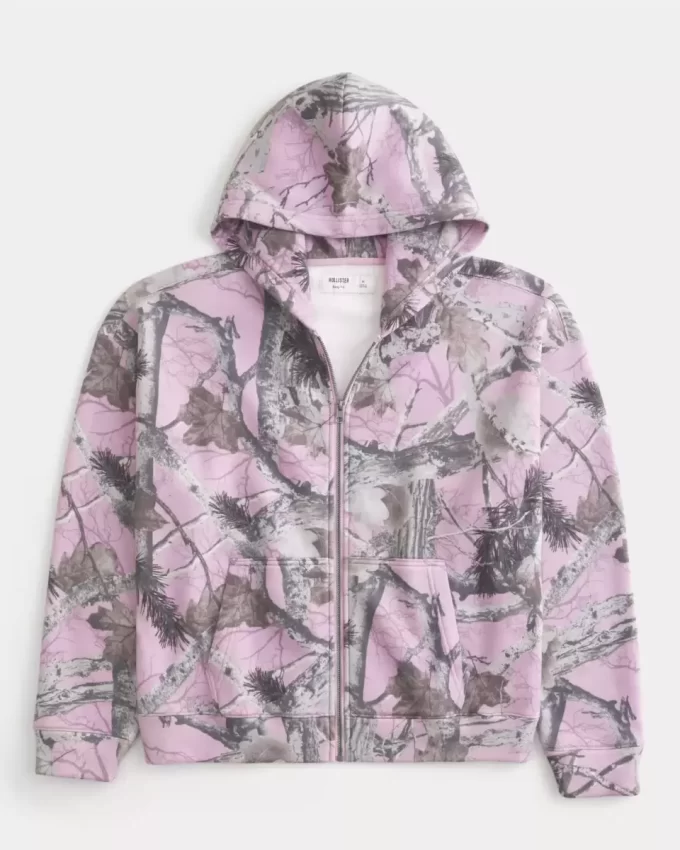 Boxy Camo Fermuarlı Kapüşonlu Üst