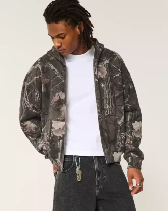 Boxy Camo Fermuarlı Kapüşonlu Üst