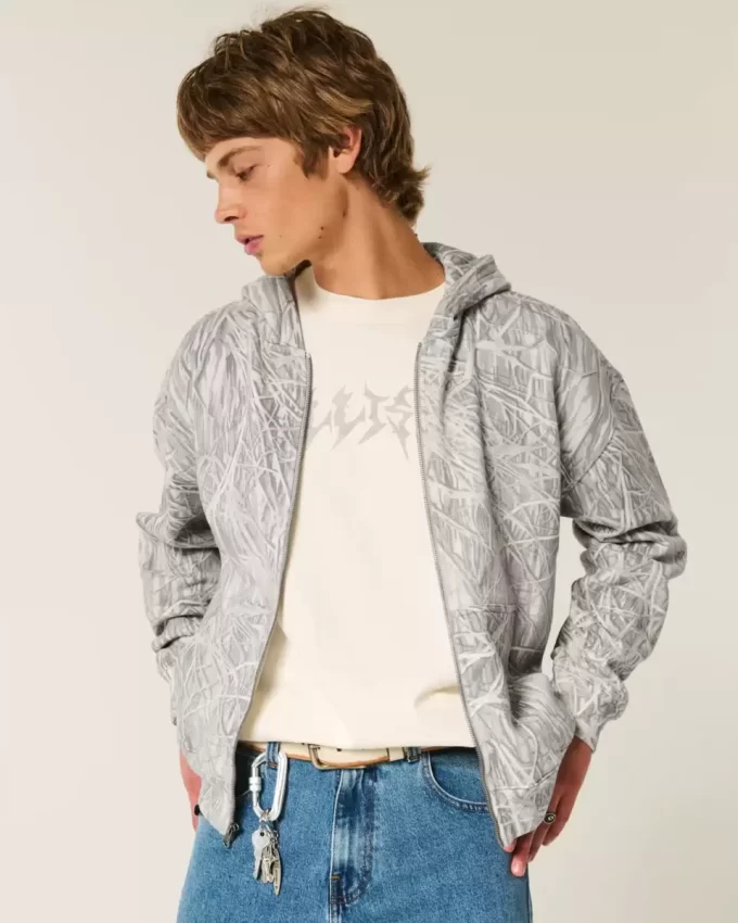 Boxy Camo Fermuarlı Kapüşonlu Üst
