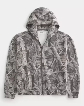 Boxy Camo Fermuarlı Kapüşonlu Üst