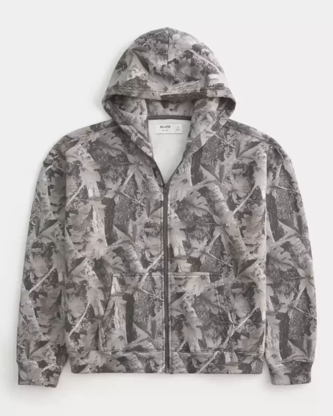 Boxy Camo Fermuarlı Kapüşonlu Üst