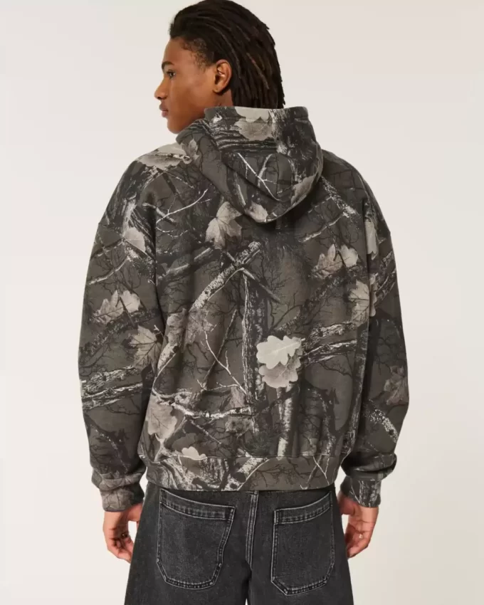 Boxy Camo Fermuarlı Kapüşonlu Üst