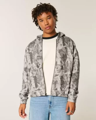 Boxy Camo Fermuarlı Kapüşonlu Üst
