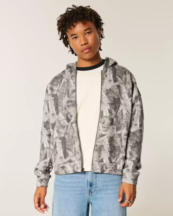 Boxy Camo Fermuarlı Kapüşonlu Üst