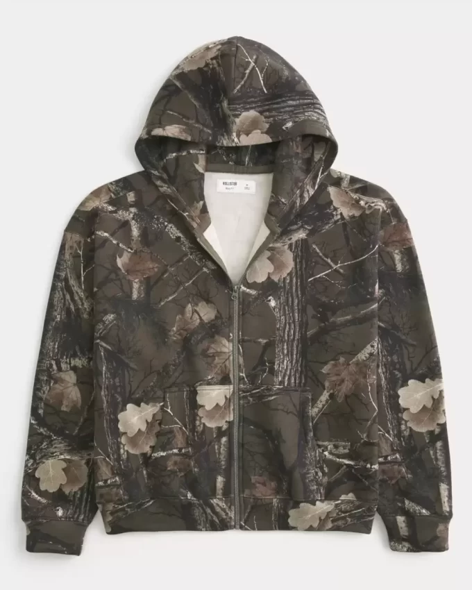 Boxy Camo Fermuarlı Kapüşonlu Üst