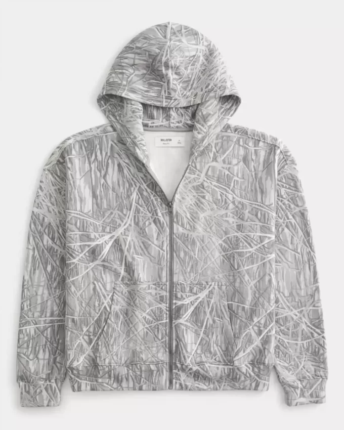 Boxy Camo Fermuarlı Kapüşonlu Üst