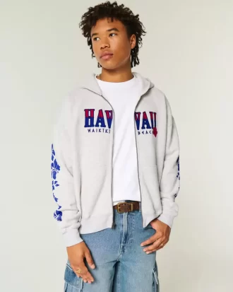 Boxy Fermuarlı Hawaii Grafik Sweatshirt