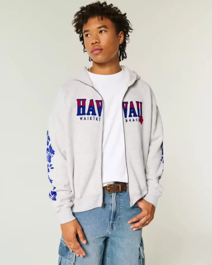 Boxy Fermuarlı Hawaii Grafik Sweatshirt Boxy Fermuarlı Hawaii Grafik Sweatshirt