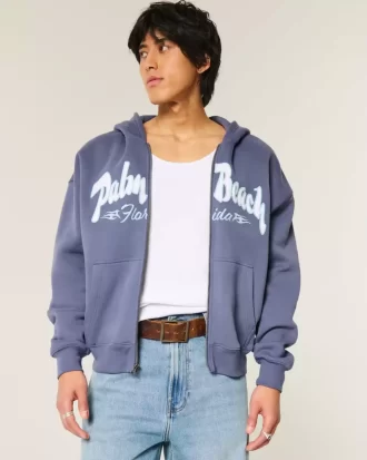 Boxy Fermuarlı Palm Beach Grafik Sweatshirt