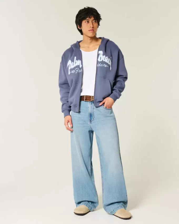 Boxy Fermuarlı Palm Beach Grafik Sweatshirt