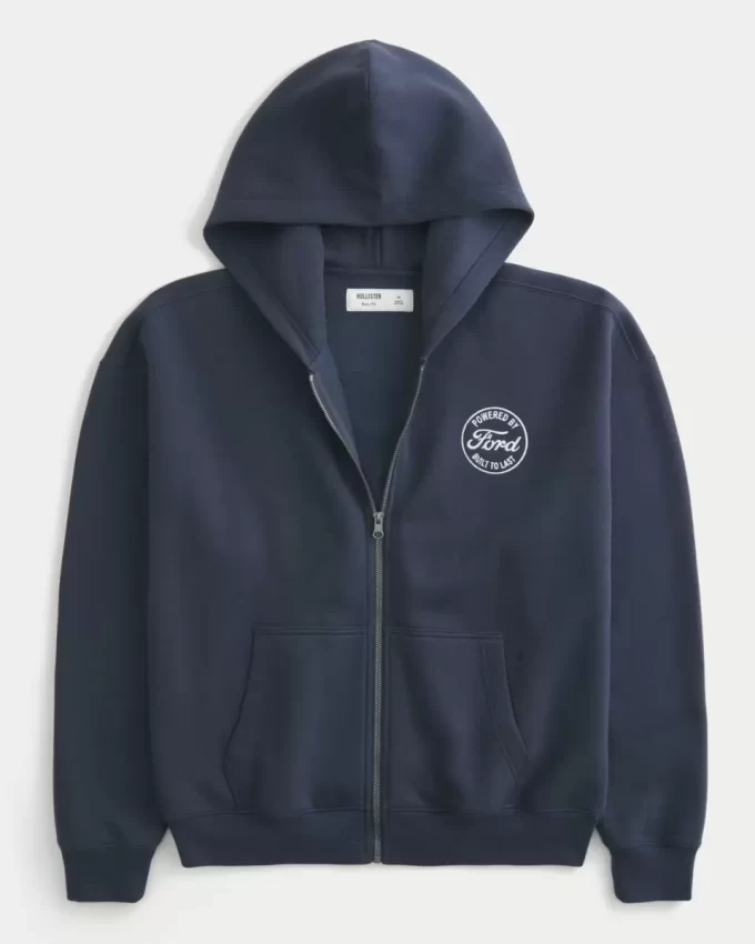 Boxy Ford Grafik Fermuarlı Kapüşonlu Üst Boxy Ford Grafik Fermuarlı Kapüşonlu Üst