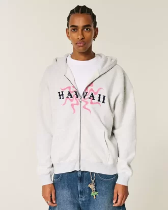 Boxy Hawaii Grafik Fermuarlı Kapüşonlu Üst