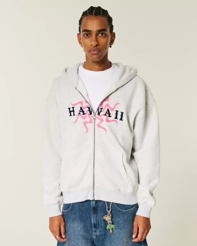 Boxy Hawaii Grafik Fermuarlı Kapüşonlu Üst