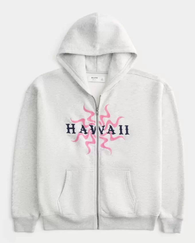 Boxy Hawaii Grafik Fermuarlı Kapüşonlu Üst