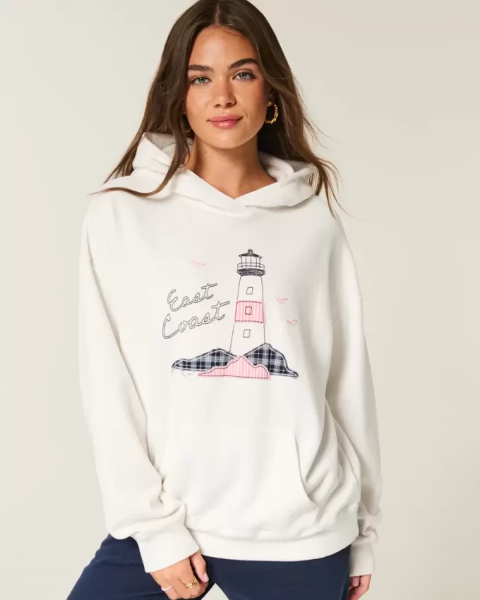 Büyük Boy Doğu Yakası Grafik Kapüşonlu Sweatshirt