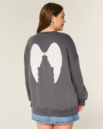 Büyük Boy Melek Kanatlı Grafikli Sweatshirt