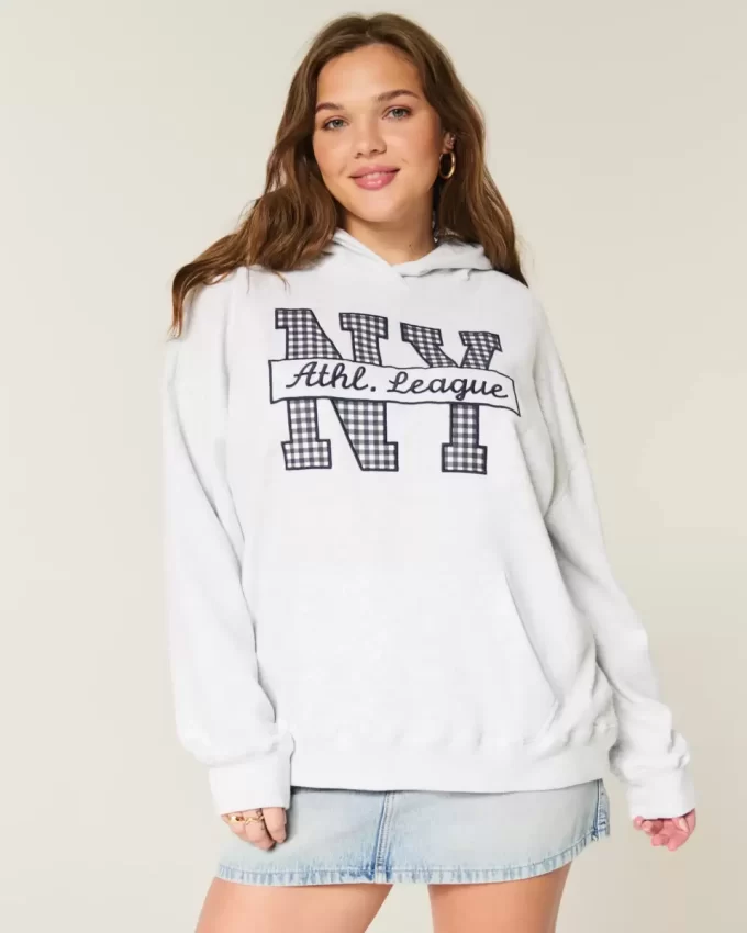 Büyük Boy NY Grafik Kapüşonlu Sweatshirt