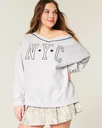 Büyük Boy NYC Grafik V Yaka Sweatshirt