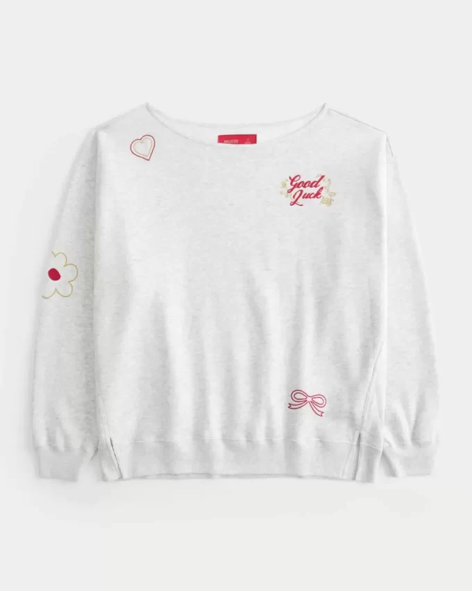 Büyük Boy Omuzdan Açık Ay Yeni Yılı Grafik Sweatshirt