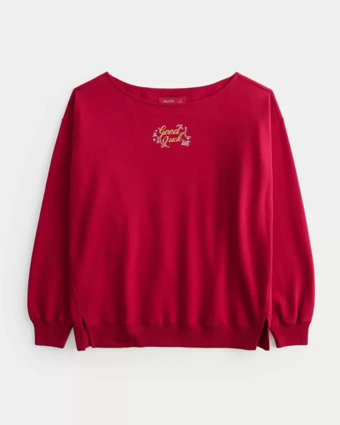 Büyük Boy Omuzdan Açık Ay Yeni Yılı Grafik Sweatshirt