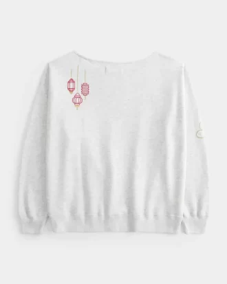 Büyük Boy Omuzdan Açık Ay Yeni Yılı Grafik Sweatshirt