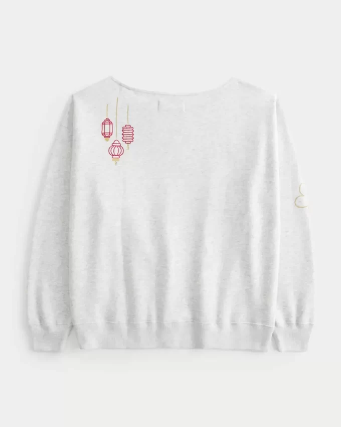 Büyük Boy Omuzdan Açık Ay Yeni Yılı Grafik Sweatshirt