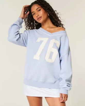 Büyük Boy Rakamlı Grafik V Yaka Sweatshirt