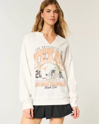 Büyük Boy Teksas Üniversitesi Grafik Çentik Yaka Sweatshirt