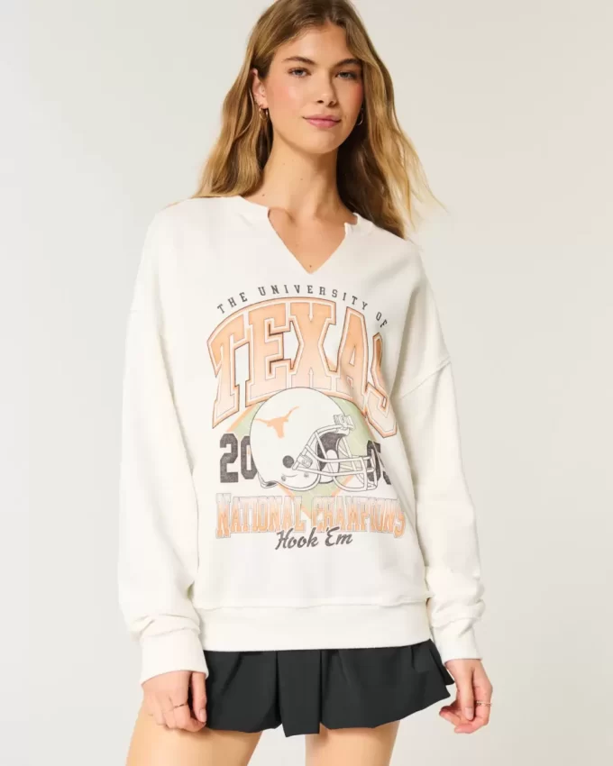 Büyük Boy Teksas Üniversitesi Grafik Çentik Yaka Sweatshirt