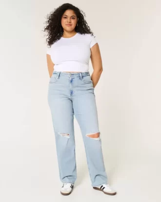 Curvy Ultra Yüksek Bel Yırtık Açık Yıkama Baba Kot Pantolonu