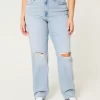 Curvy Ultra Yüksek Bel Yırtık Açık Yıkama Baba Kot Pantolonu