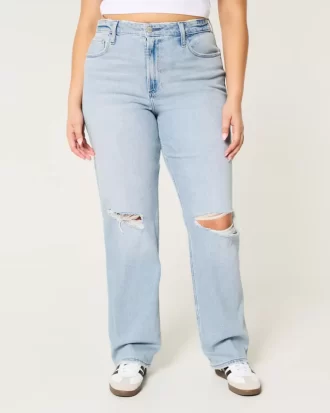 Curvy Ultra Yüksek Bel Yırtık Açık Yıkama Baba Kot Pantolonu