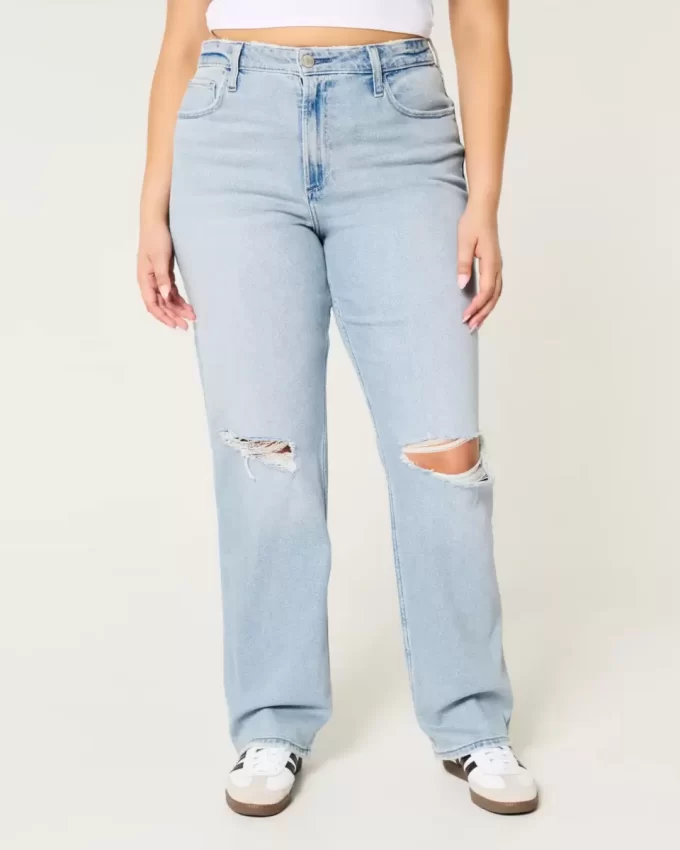 Curvy Ultra Yüksek Bel Yırtık Açık Yıkama Baba Kot Pantolonu