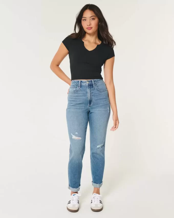 Curvy Ultra Yüksek Bel Yırtık Orta Yıkama Mom Jean