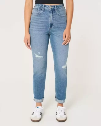Curvy Ultra Yüksek Bel Yırtık Orta Yıkama Mom Jean