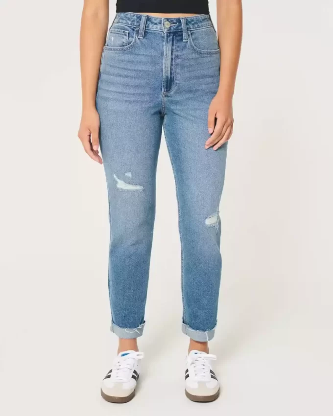 Curvy Ultra Yüksek Bel Yırtık Orta Yıkama Mom Jean