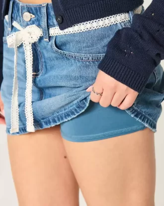 Dantel Bağcıklı Kot Mini Etek