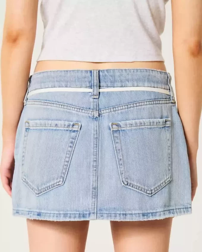 Düşük Bel Açık Yıkama Bağcıklı Kot Mini Etek