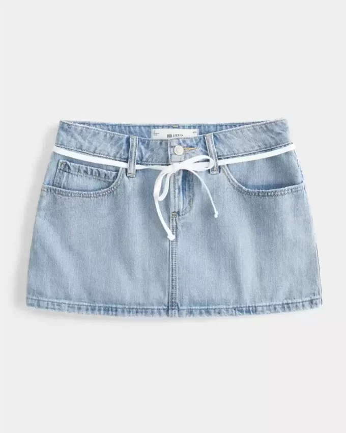 Düşük Bel Açık Yıkama Bağcıklı Kot Mini Etek