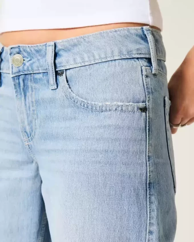Düşük Bel Açık Yıkama Çivili Fiyonklu Bol Pantolon