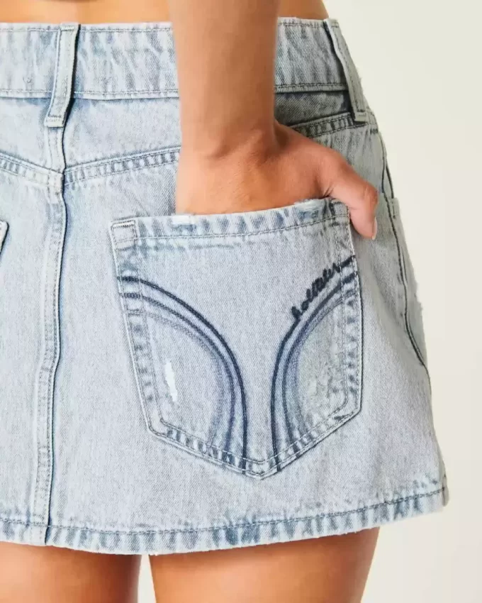 Düşük Bel Açık Yıkama Kot Mini Etek