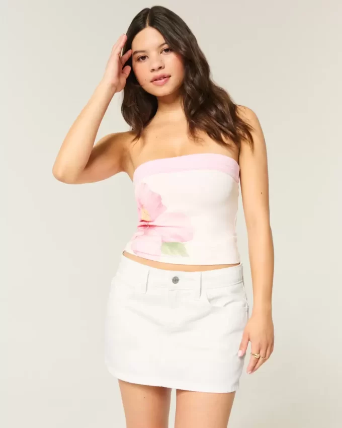 Düşük Bel Beyaz Kot Mini Etek