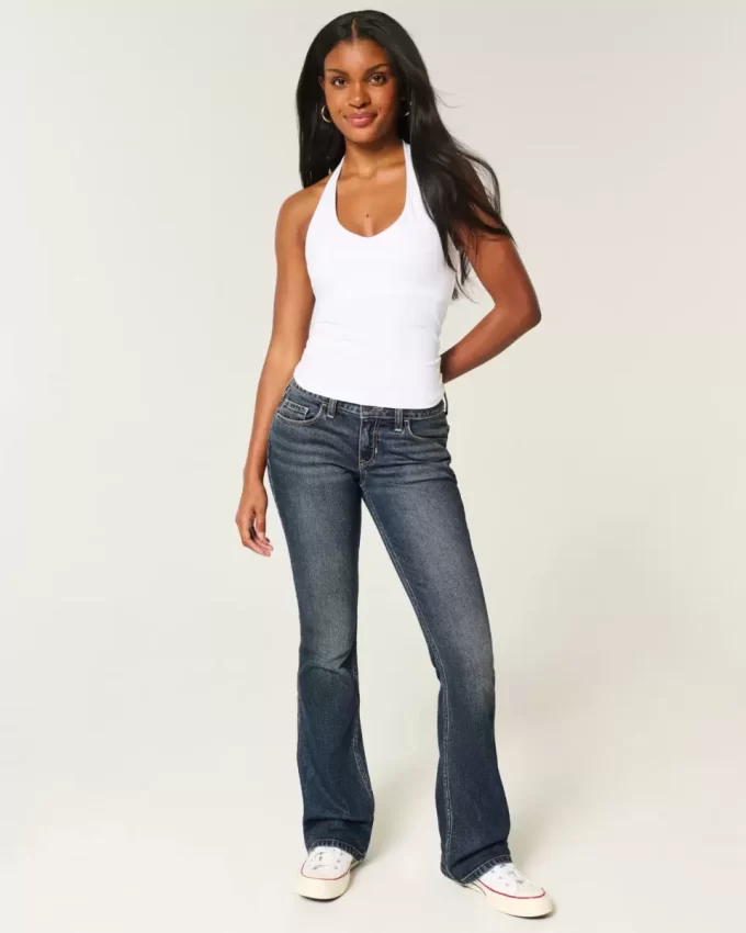 Düşük Bel Koyu Yıkama İşlemeli Bootcut Pantolon
